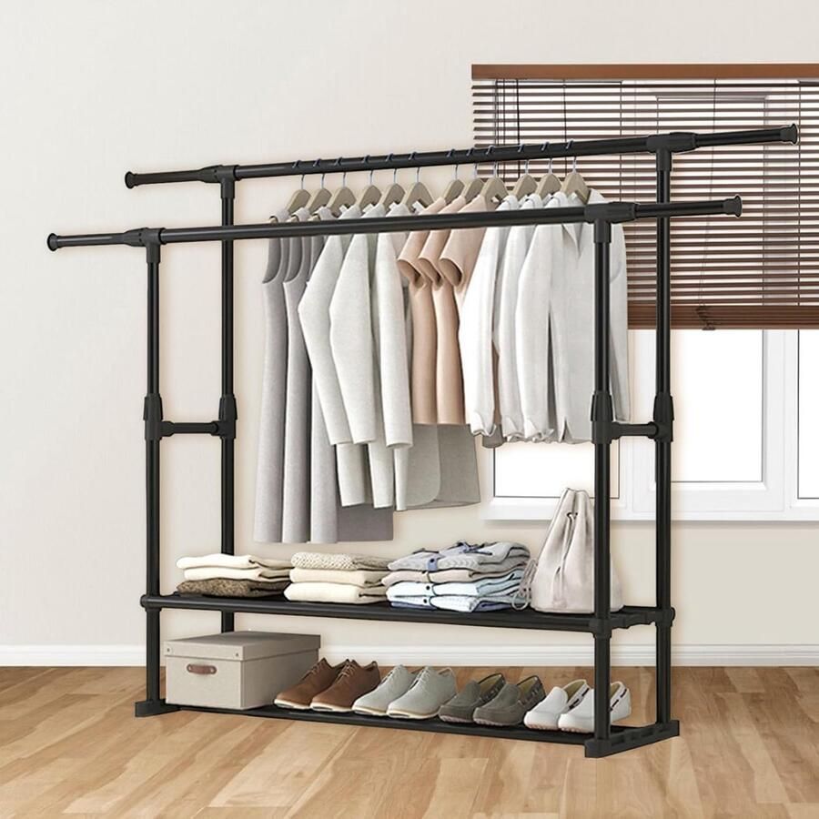 Goodivery Uittrekbare Kledingrek met Dubbele Rail en Meervoudige Opslagmogelijkheden voor Jassen en Schoenen