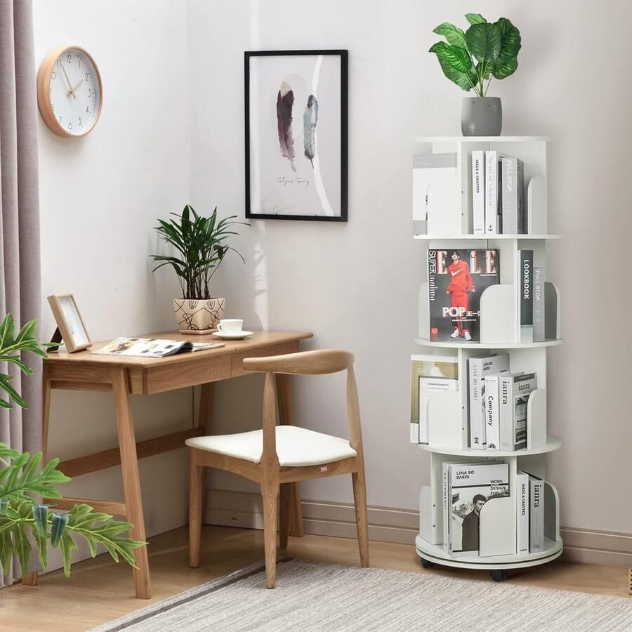 Goodivery Veelzijdig 360° Draaibaar Boekenrek met 4 Etages en Wielen voor Alle Ruimtes