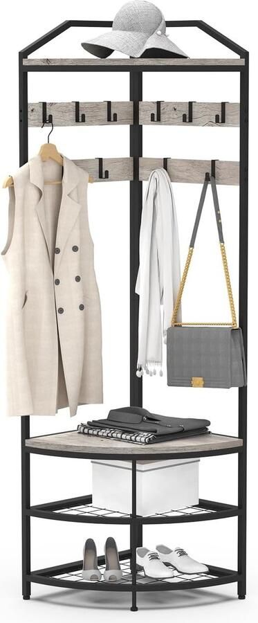 Goodivery Veelzijdige Vrijstaande Kapstok met Opslag en Schoenenzitbank voor Hal Woonkamer Slaapkamer en Kantoor