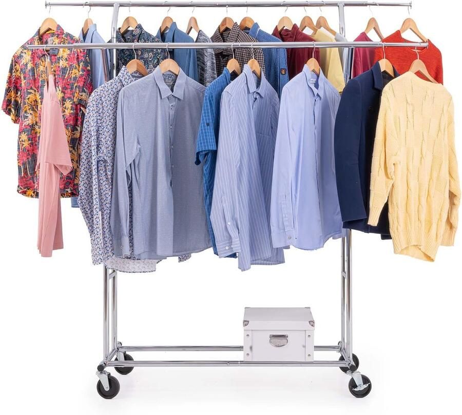 Goodivery Verstelbaar kledingrek met dubbele stang en wielen voor zware belasting