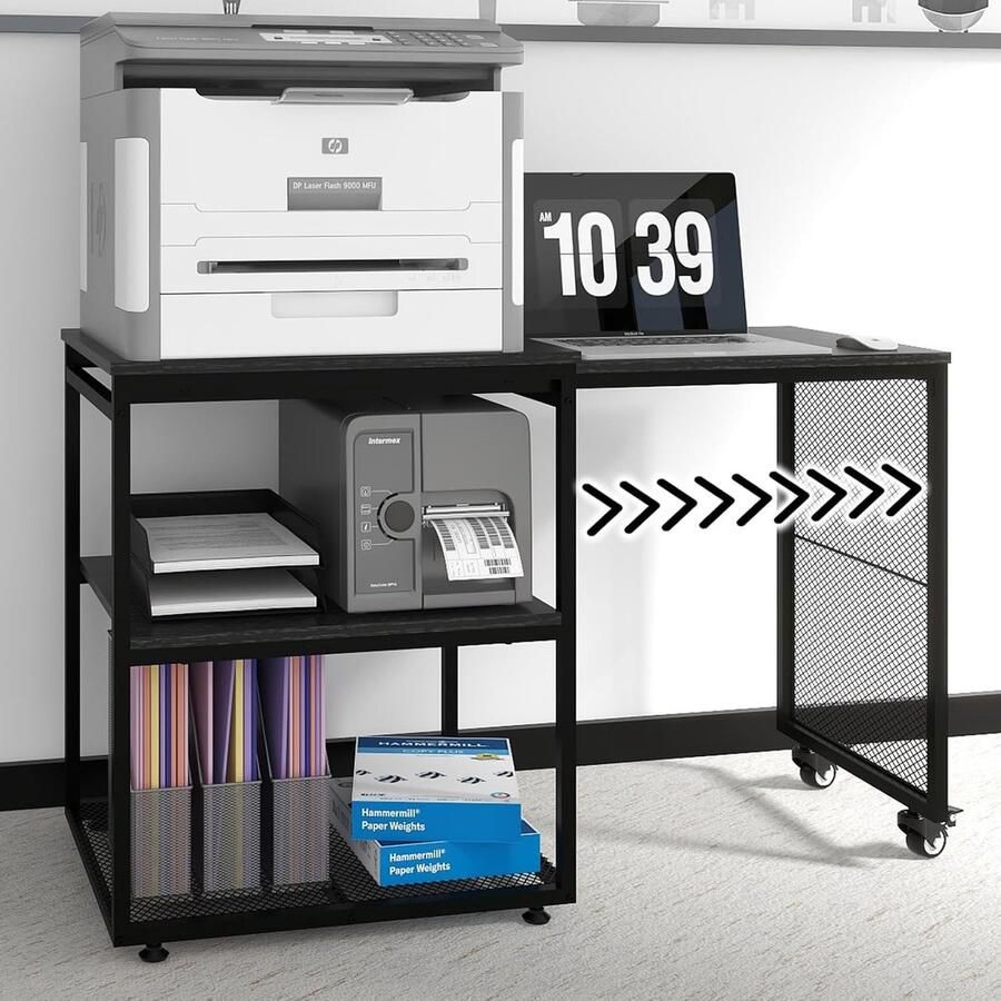 Goodivery Verstelbare 3-Lagen Printer Stand met Wielen en Uitschuifbaar Werkblad voor Kantoor School en Thuis