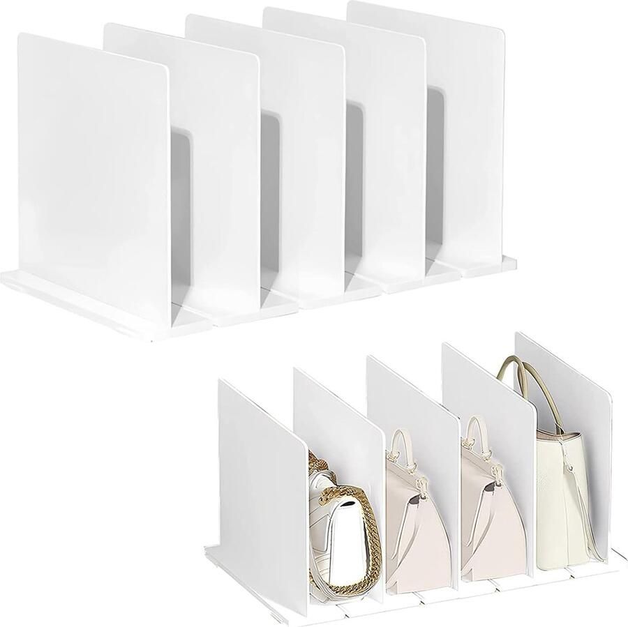 Vijf rijen witte verstelbare handtassen opbergplank schaalbare handtassen plankverdeler opbergplank handtas displayrek tashouder handtassen familiekast