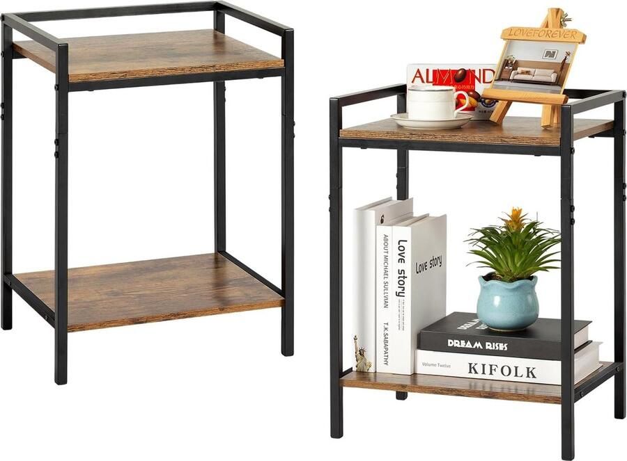 Goodivery Vintage Bruine Houten Bijzettafel Nachtkastje 2 Niveaus Set van 2