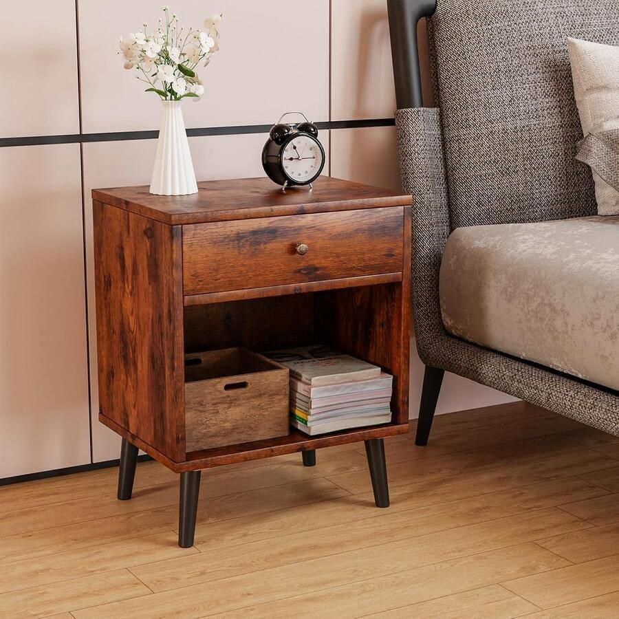 Goodivery Vintage Houten Nachtkastje met Lade en Open Schappen Ideaal voor Slaapkamer en Woonkamer