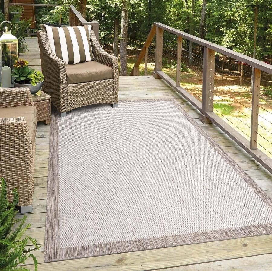 Goodivery Vloerkleed outdoor weerbestendig beige 150 x 150 cm vierkant rand balkontapijt waterafstotend voor binnen en buiten voor terras tuin keuken badkamer of woonkamer