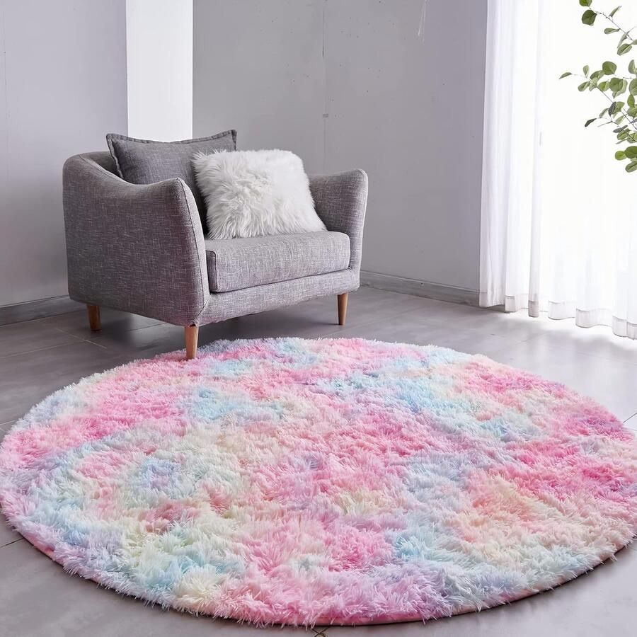 Goodivery Vloerkleed rond hoogpolig woonkamertapijt hoogpolig vloerkleden voor woonkamer donzig hoogpolig slaapkamer bedkleed buitentapijt (diameter 100 cm rond regenboog)