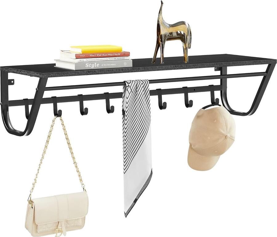 Goodivery Wandkapstok met opbergvak stang en 8 haken metalen frame industriële stijl entree hal slaapkamer badkamer woonkamer zwart