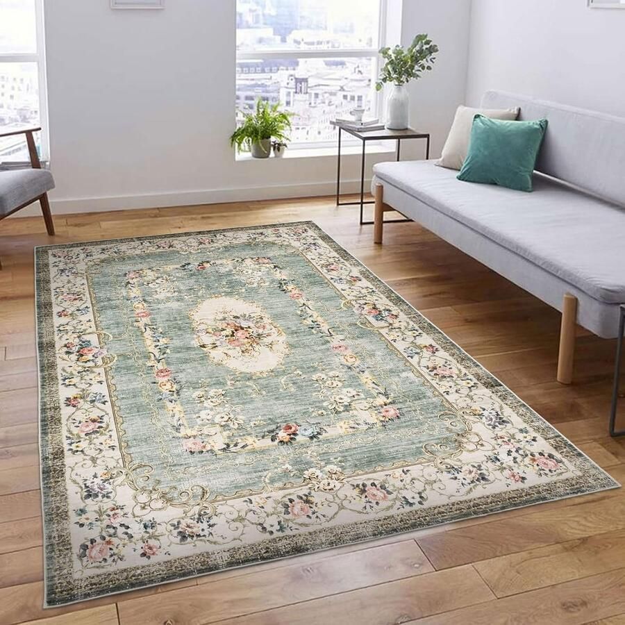 Goodivery Wasbare Antislip Vloerkleed met Bloemenpatroon voor Woonkamer en Slaapkamer 190 x 280 cm Groen