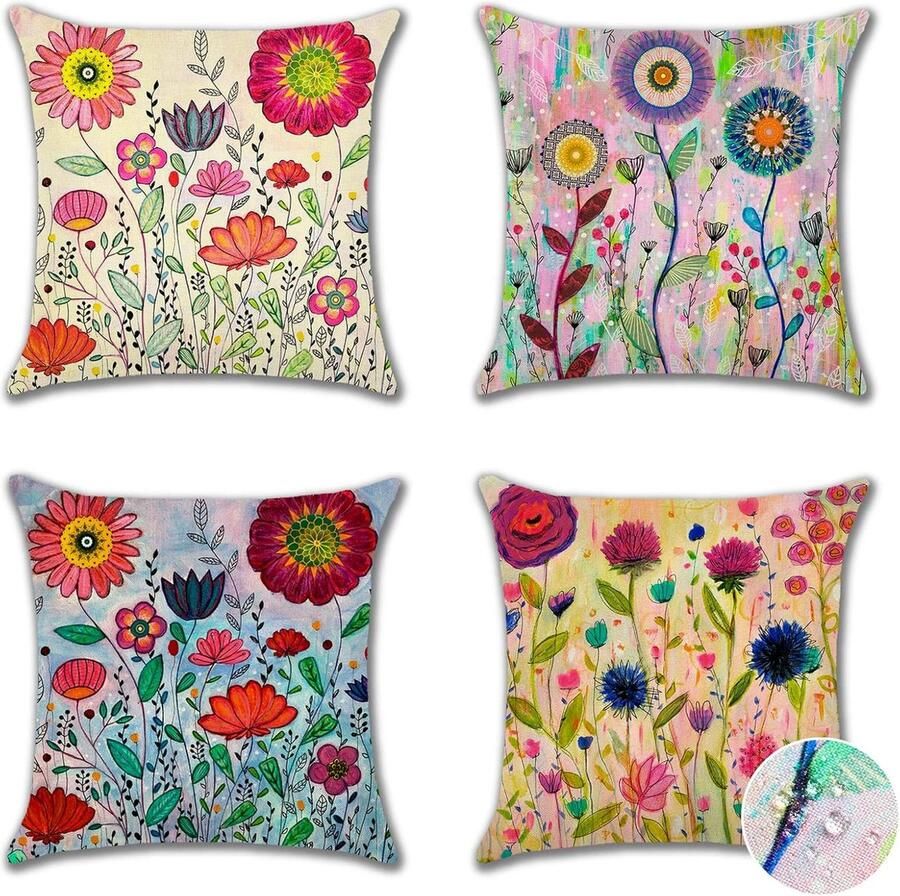 Goodivery Waterdichte kussensloop 45 x 45 cm set van 4 decoratieve kussenhoezen voor buiten bankkussen sierkussenhoezen voor bank woonkamer balkon tuin auto (kleurrijke bloemen)