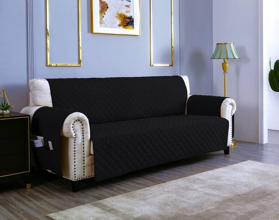 Goodivery Waterdichte Omkeerbare Bankhoes voor 2-zits Sofa met Kussen Zwart