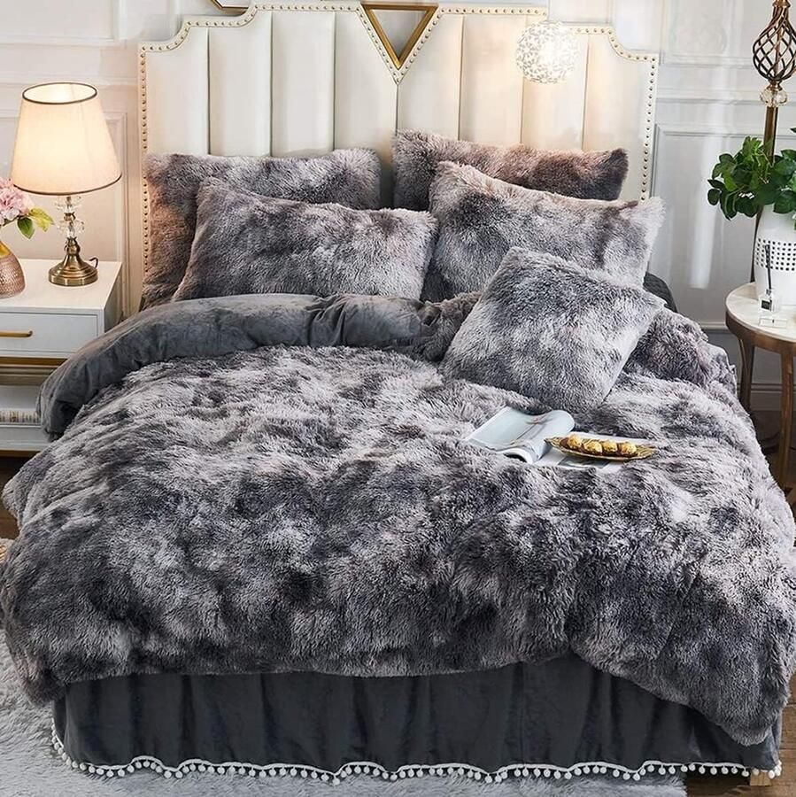 Goodivery Winter Fluffy Bed Linen Set met Zachte Langharige Pluche en Ritssluiting Grijs Tie-Dye Print 220 x 240 cm + 2 x 80 x 80 cm
