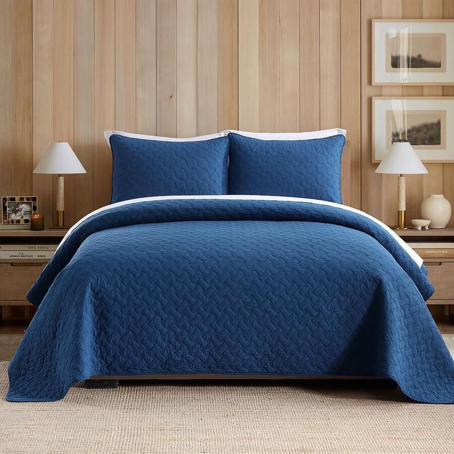Goodivery Zachte Katoenen Bedsprei Set met Kussenslopen voor Tweepersoonsbed 230 x 250 cm Blauw