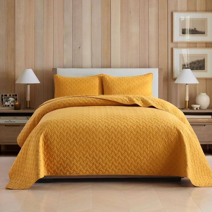 Goodivery Zachte Katoenen Bedsprei Set voor Tweepersoonsbed met Kussenhoezen All-Season Dekbed Geel 230 x 250 cm