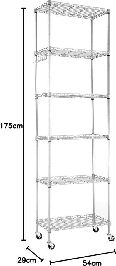 Goodivery Zeslaagse Stalen Opbergrek met Wielen en Verstelbare Hoogte voor Keuken Badkamer Garage en Slaapkamer