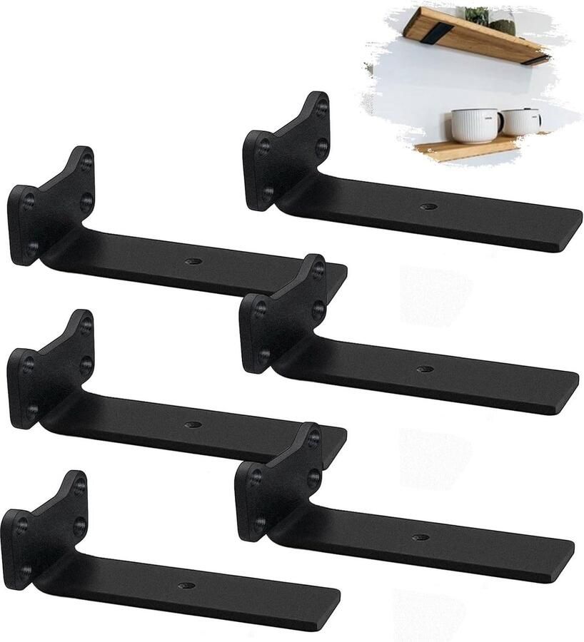 Goodivery Zware Stalen Zwevende Plankdragers met Kattenoorontwerp – Set van 6 Zwart 15 cm