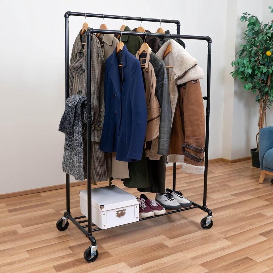 Goodivery Zwart kledingrek op wielen met hoge draagkracht en dubbele stangen