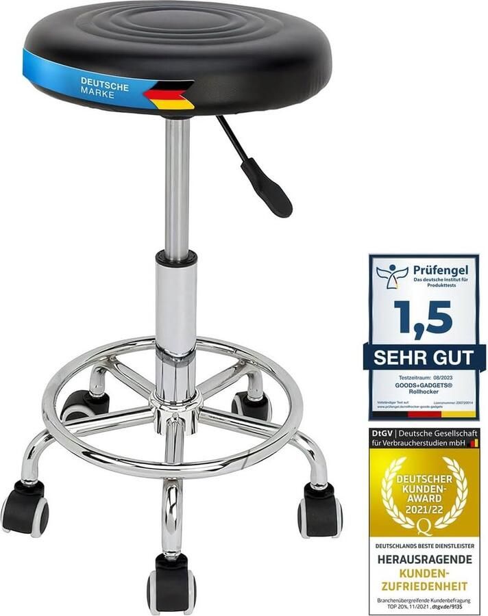 GOODS+GADGETS Ergonomie oprolbare werkkruk draaibare barkruk praktijkkruk rolkruk in hoogte verstelbaar (Zwart)
