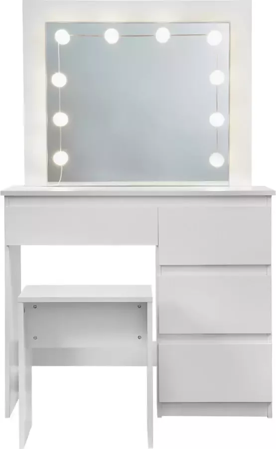 Goose Lyne Kaptafel met spiegel en verlichting Dressoir Wit Inclusief kruk verlichting en spiegel