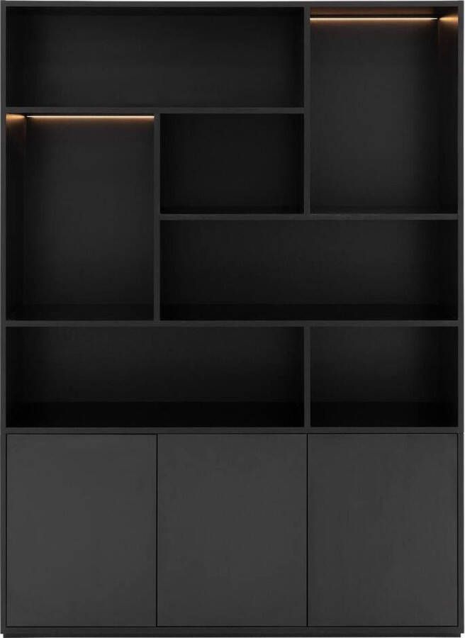 Goossens Basic Buffetkast Madrid 3 dichte deuren 7 open vakken zwart melamine 139 x 191 x 45 cm elegant chic