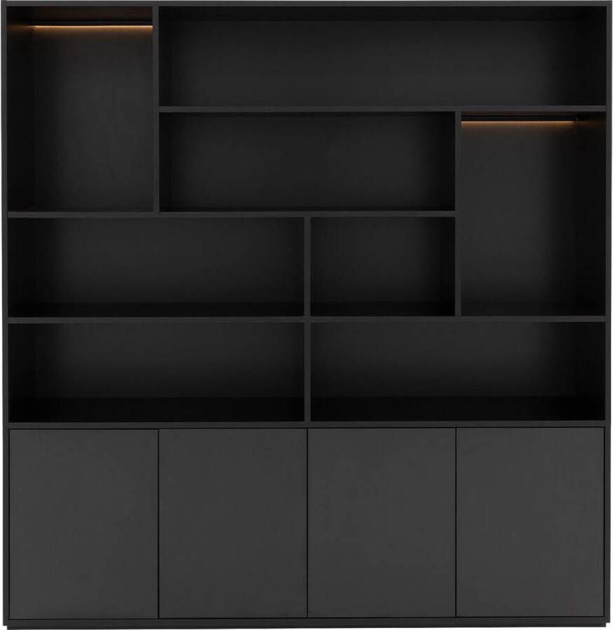Goossens Basic Buffetkast Madrid 4 dichte deuren 8 open vakken zwart melamine 184 x 191 x 45 cm elegant chic
