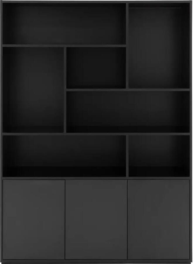Goossens Basic Buffetkast Madrid 3 dichte deuren 7 open vakken zwart melamine 139 x 191 x 45 cm elegant chic