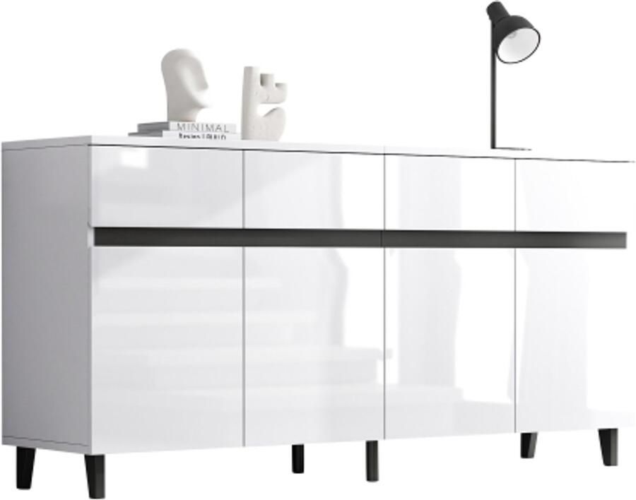 GOTAGEE 160x40x68 cm hoogglans dressoir ladekast met 4 laden 2 deuren en in hoogte verstelbare planken onderkasten hoekkasten kasten wit - Foto 2