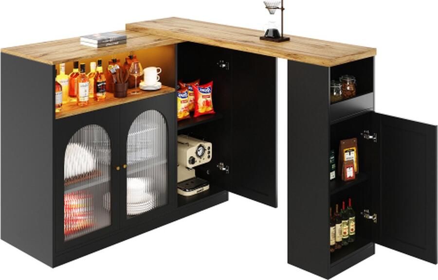 GOTAGEE 360° draaibare bartafel matzwarte kast met houtnerf bureau met glazen kastdeur en LED-licht dressoir wijnkast koffiehoek