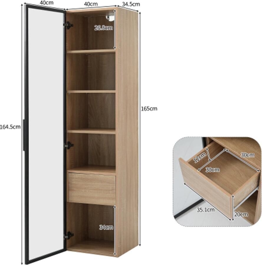 GOTAGEE Badkamerkast middelgroot met lichtlijst 40 cm breed met 1 grote lade en 1 deur glazen deur - Foto 2