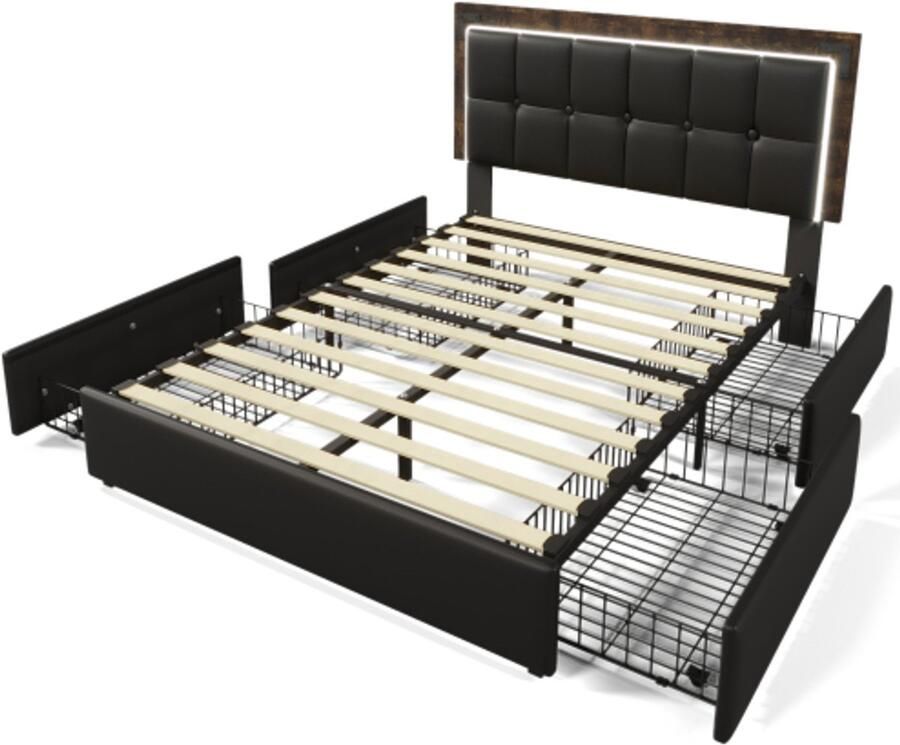 GOTAGEE Bedframe met LED-verlichtingsstrip en 4 laden tweepersoonsbed gestoffeerd bed 140x200cm in hoogte verstelbaar hoofdeinde functioneel bed PU zwart (zonder matras)