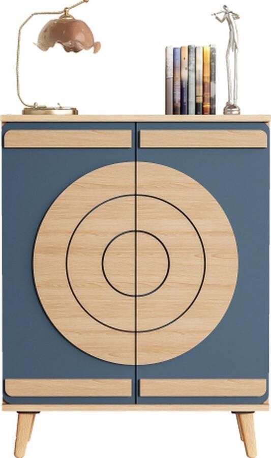 GOTAGEE Dressoir 76x37x98 5cm met 2 deuren uniek design schoenenkast hal kast woonkamer kast zijkast blauw en houtkleur