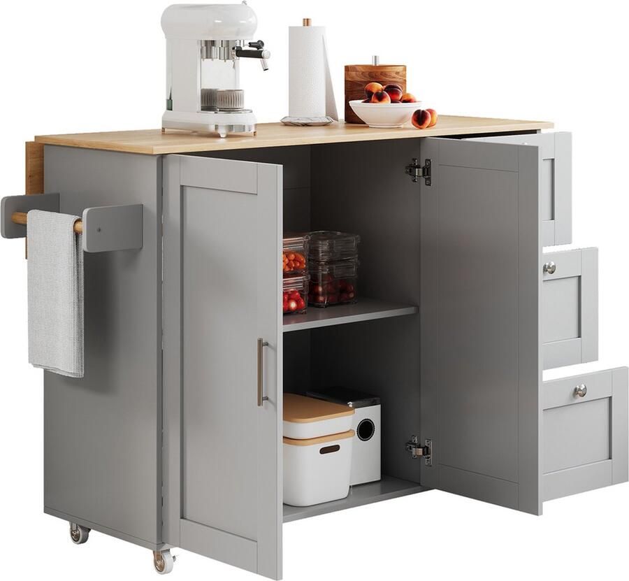 GOTAGEE Dressoir Grote mobiele keukentafel Eiken blad 3 lades Handdoekhouder