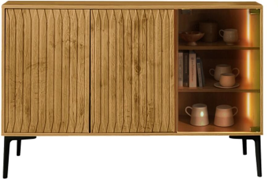 GOTAGEE Dressoir met lichtbalk 120 cm brede glazen deur woonkamerkast eetkamerkast zijkast keukenkast naturel - Foto 2