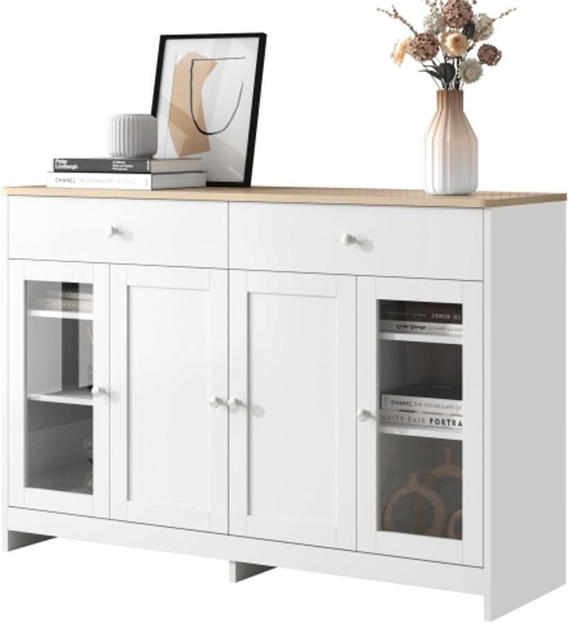 GOTAGEE Dressoir met witte houtnerf vier deuren met twee laden deur met glas. Woonkamer eetkamer. Houtkleur en wit - Foto 2