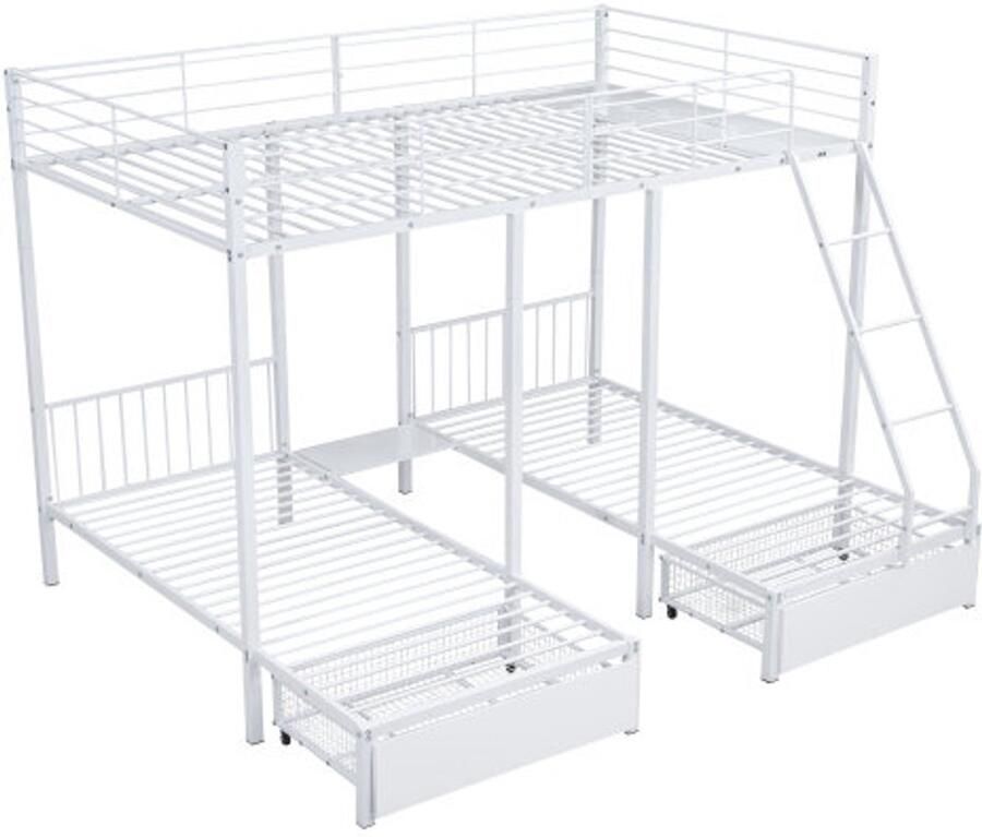 GOTAGEE Driedubbel stapelbed met lades om te bouwen tot tweepersoonsbed 140 x 200 en twee eenpersoonsbedden 90 x 200 metalen frame bed wit