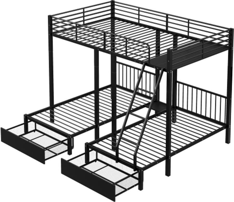 GOTAGEE Driedubbel stapelbed met lades om te bouwen tot tweepersoonsbed 140 x 200 en twee eenpersoonsbedden 90 x 200 metalen frame bed zwart