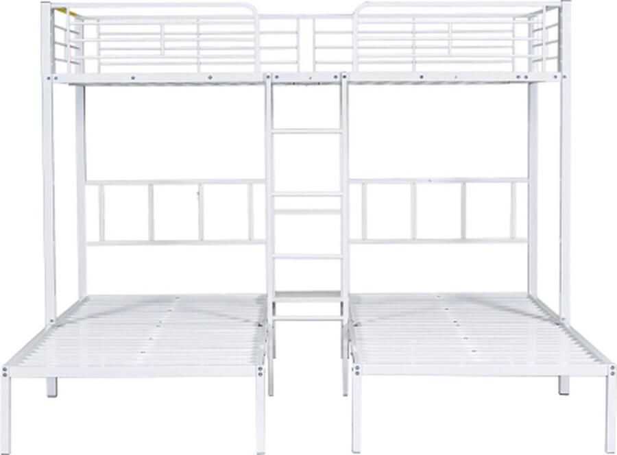 GOTAGEE Driepersoonsbed 90x200cm stapelbed (zonder matras) wit ijzeren kinderbed jeugdbed metalen bed met ladder met valbeveiliging rooster en tafel
