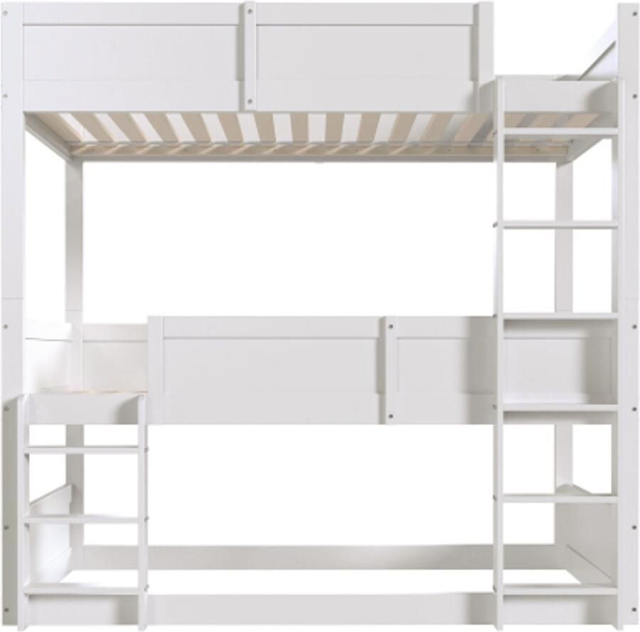 GOTAGEE Driepersoonsbed Stapelbed 90x200 cm hoogslaper hoog hekwerk design kinderbed houten bed wit