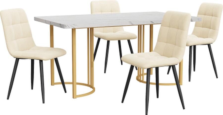GOTAGEE Eetset (5-delig) Eettafel met 4 stoelen set Beige Fluweel Eetkamerstoelen Keukentafelset met Gouden metalen poten MDF tafelblad in wit