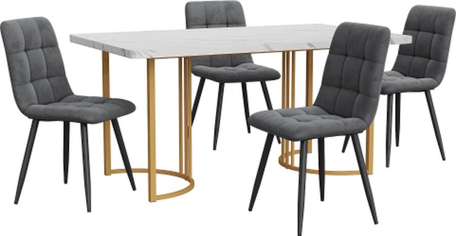 GOTAGEE Eetset (5-delig) Eettafel met 4 stoelen set Donkergrijs Fluweel Eetkamerstoelen Keukentafelset met Gouden metalen poten MDF tafelblad in wit