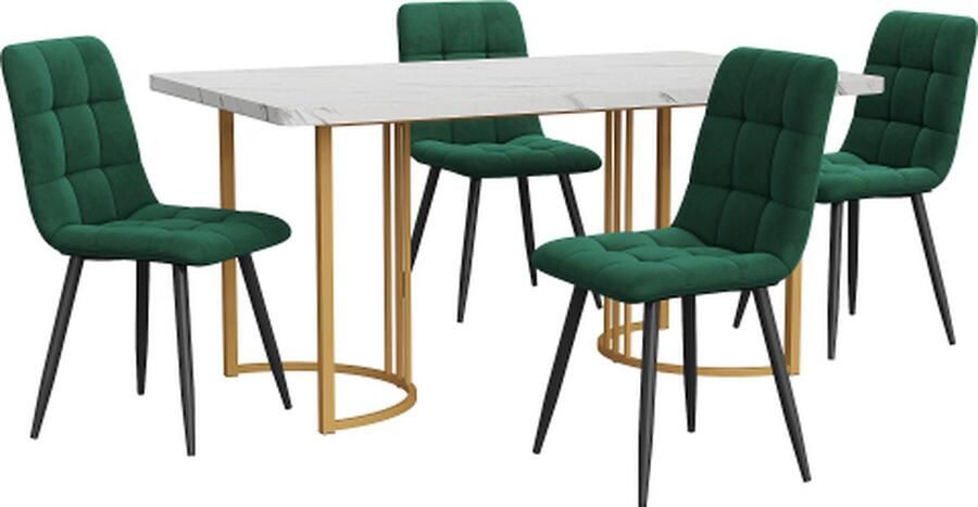 GOTAGEE Eetset (5-delig) Eettafel met 4 stoelen set Donkergroen Fluweel Eetkamerstoelen Keukentafelset met Gouden metalen poten MDF tafelblad in wit