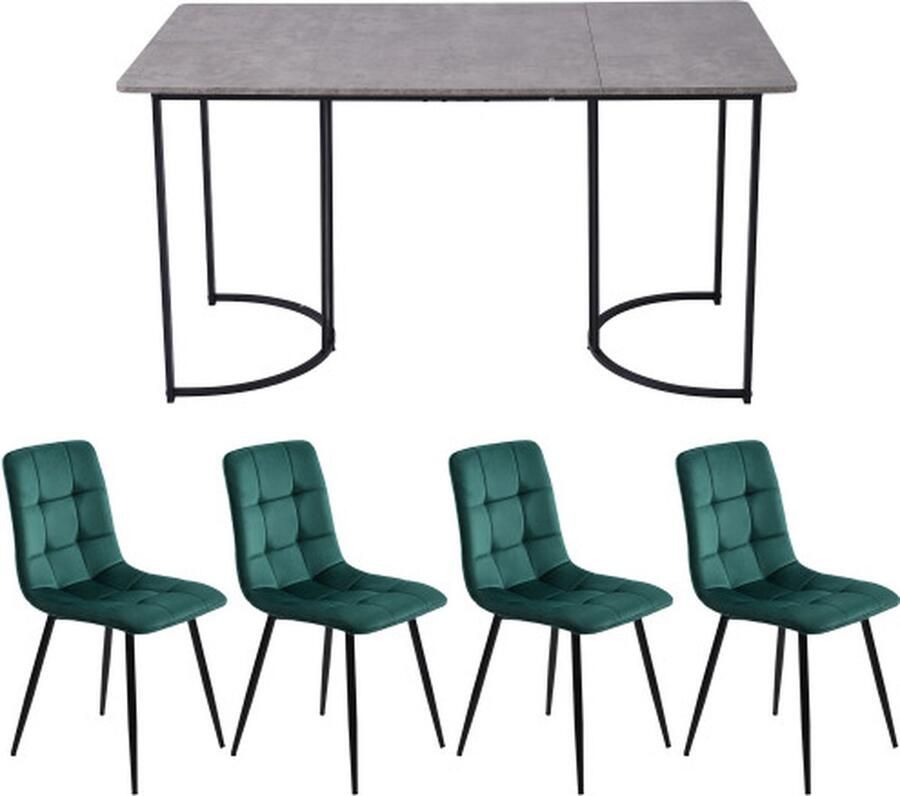 GOTAGEE Eetset (5-delig) Eettafel met 4 stoelen set Donkergroen Fluweel Eetkamerstoelen Keukentafelset met Zwarte metalen poten MDF tafelblad in grijs