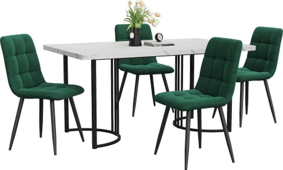 Gotagee Eetset (5-delig) Eettafel met 4 stoelen set Donkergroen Fluweel Eetkamerstoelen Keukentafelset met Zwarte metalen poten MDF tafelblad in wit - Foto 2