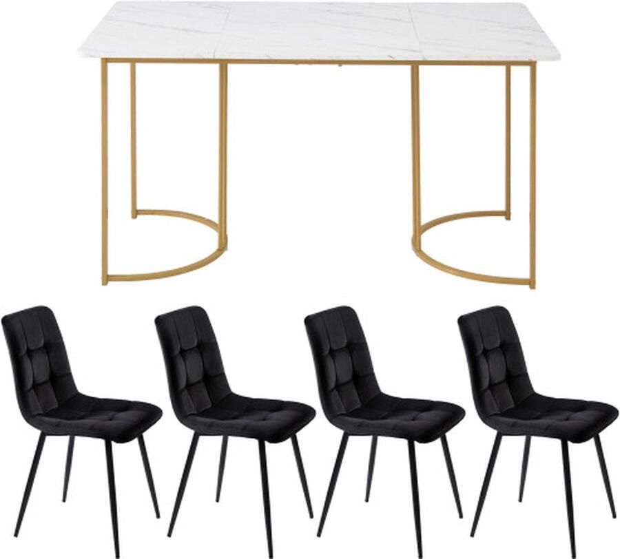 GOTAGEE Eetset (5-delig) Eettafel met 4 stoelen set Zwart Fluweel Eetkamerstoelen Keukentafelset met Gouden metalen poten MDF tafelblad in wit