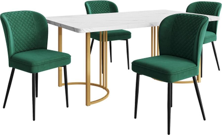GOTAGEE Eetset Eettafel met 4 stoelen Donkergroen Fluweel Eetkamerstoel Gestoffeerde stoel Keukentafel set MDF tafelblad in wit Gouden tafelpoten