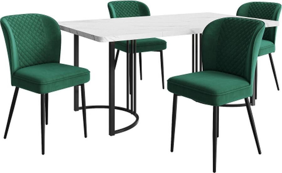 GOTAGEE Eetset Eettafel met 4 stoelen Donkergroen Fluweel Eetkamerstoel Gestoffeerde stoel Keukentafel set MDF tafelblad in wit Zwart tafelpoten