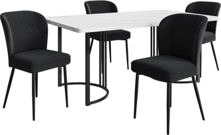 GOTAGEE Eetset Eettafel met 4 stoelen Zwart Fluweel Eetkamerstoel Gestoffeerde stoel Keukentafel set MDF tafelblad in wit Zwart tafelpoten