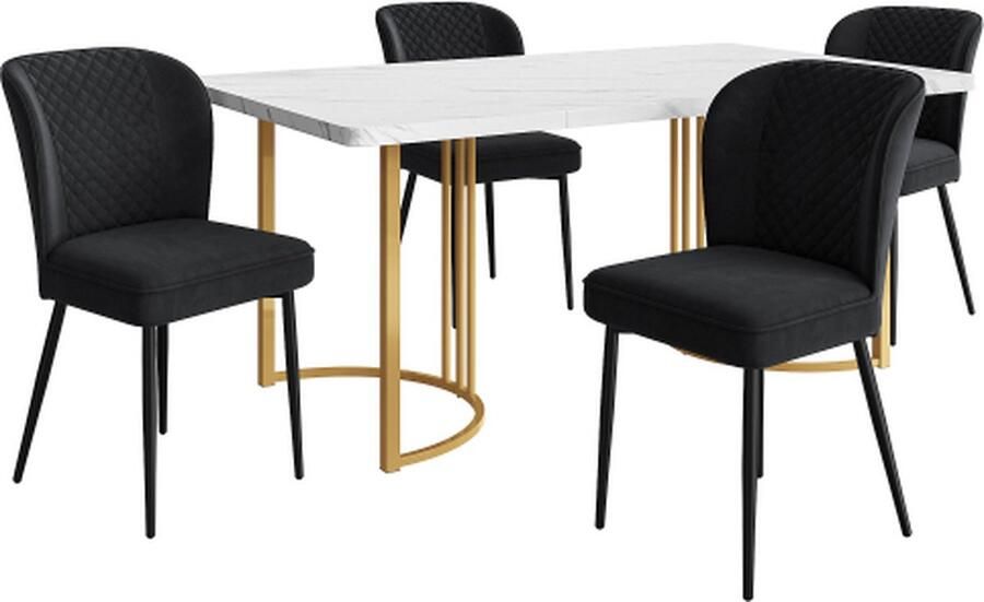 GOTAGEE Eetset Eettafel met 4 stoelen Zwart Fluweel Eetkamerstoel Gestoffeerde stoel Keukentafel set MDF tafelblad in wit Gouden tafelpoten