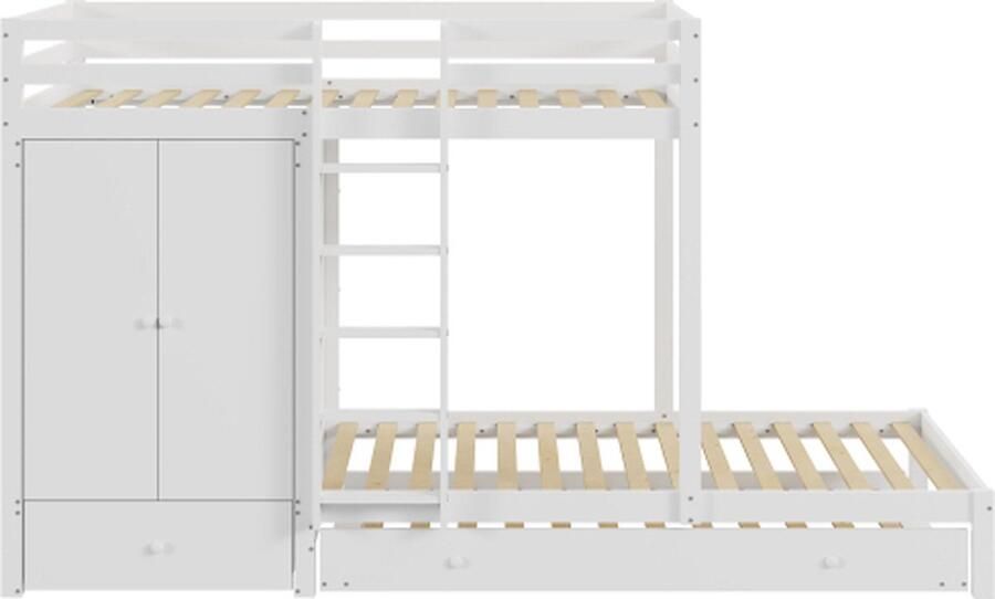 GOTAGEE Etagenbed uit Hout met Uittrekbed Multifunctioneel Kinderbed met Kledingkast Laden en Opbergvak
