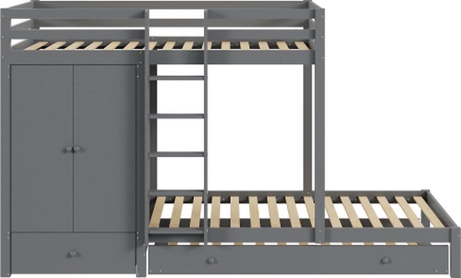 GOTAGEE Etagenbed uit Hout met Uittrekbed Multifunctioneel Kinderbed met Kledingkast Laden en Opbergvak