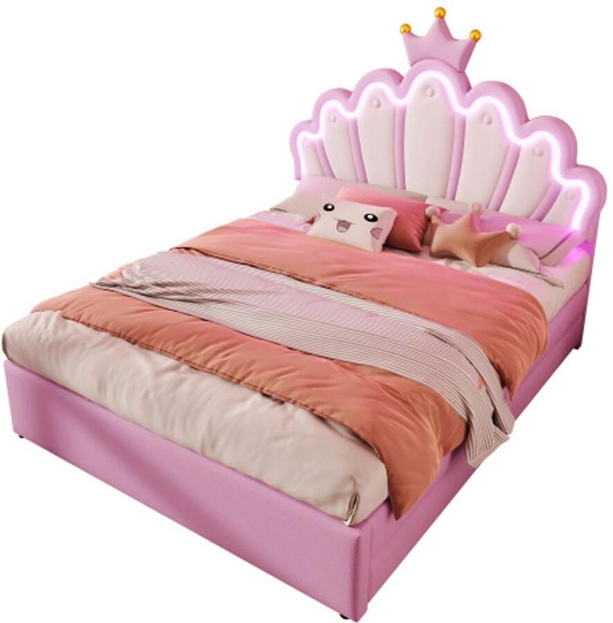 GOTAGEE Gestoffeerd bed 140 x 200 cm Zonder matras Sfeerverlichting met afstandsbediening Bed met 2 lades Prinsessenbed in kroonvorm Verstelbaar hoofdeinde PU Roze